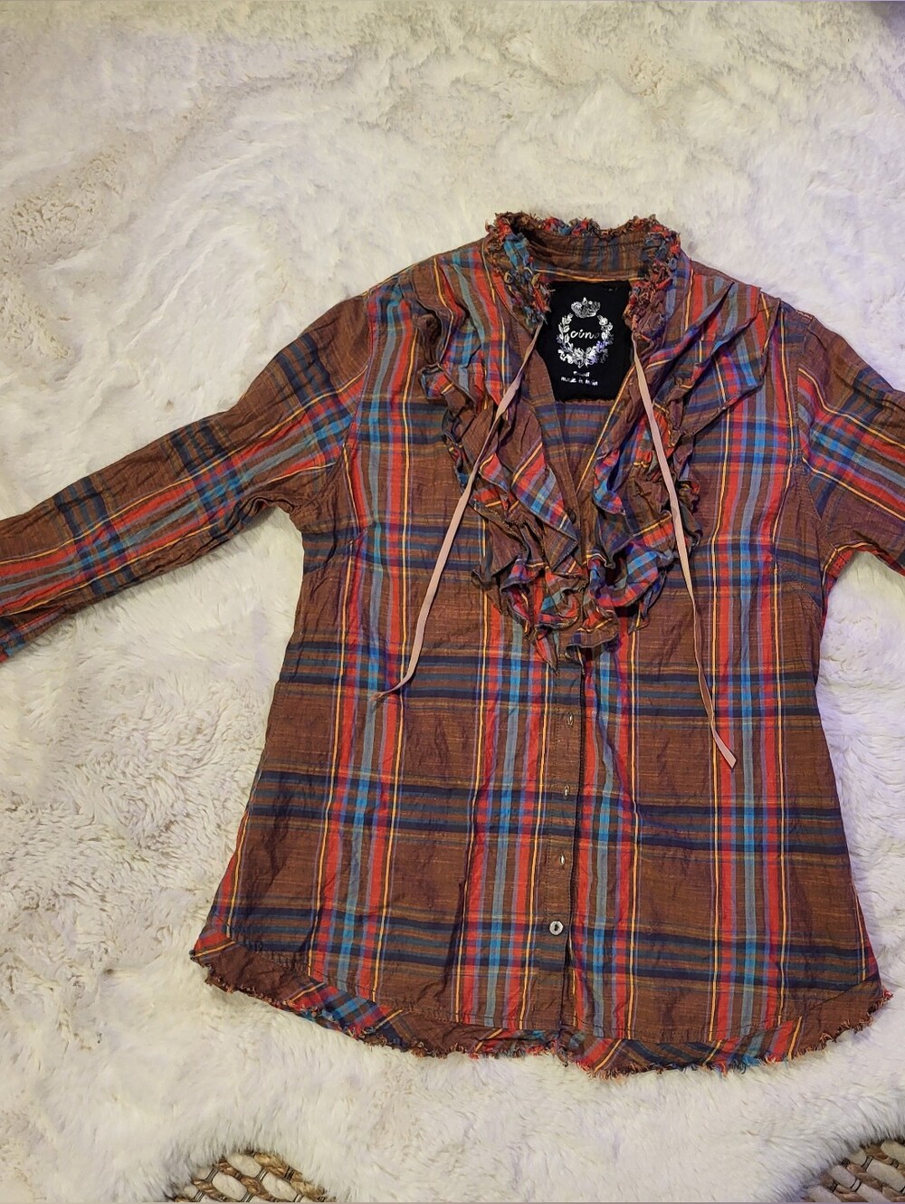 Cino Plaid Ruffle Tie-Neck Blouse in Rust Multi